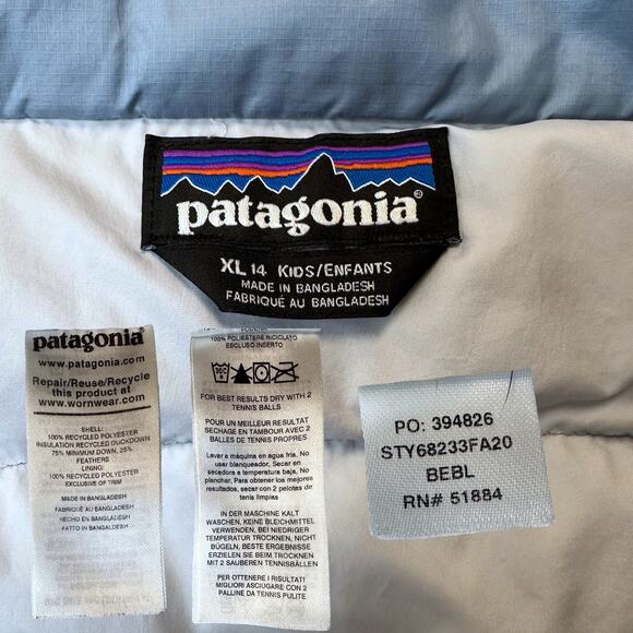 Patagonia Down Sweater Puffer Jacket Girl’s Size XL (14), Light Blue - Picture 12 of 13